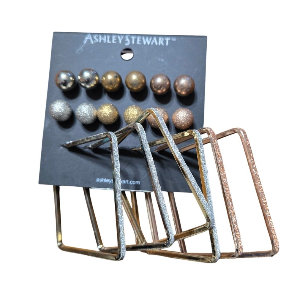 Ashley Stewart 9 Pair Mixed Metal Earrings Studs & Square Hoops NWT